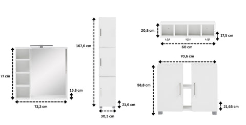 W.Schildmeyer Badmöbel-Set Badezimmer 4-teilig inkl. Spiegelschrank LED-Beleuchtung