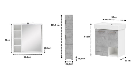 W.Schildmeyer Badmöbel-Set Gästebadezimmer 3-teilig inkl. Spiegelschrank LED-Beleuchtung